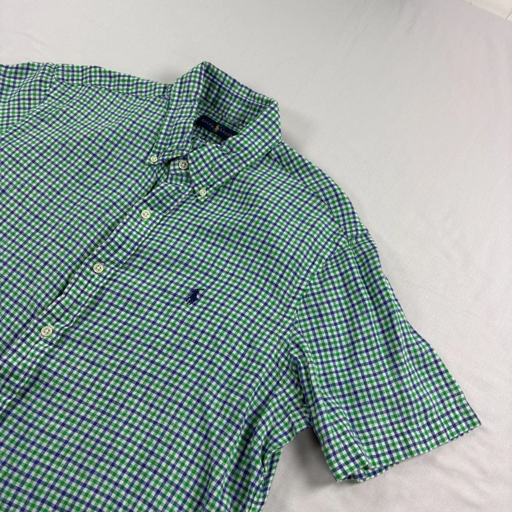 Polo Ralph Lauren Linen Shirt Mens Large Blue Green Plaid Button Up Camp Beach